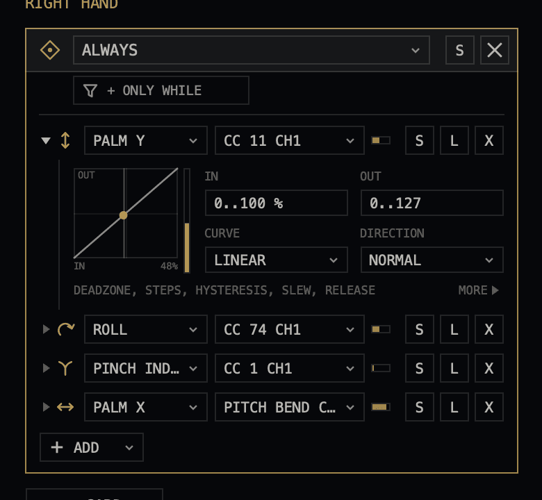 One card from the Map view: the gate is set to Always, the card carries four rows, palm Y to CC 11, roll to CC 74, pinch index to CC 1 and palm X to pitch bend, the first row unfolded to its range and curve